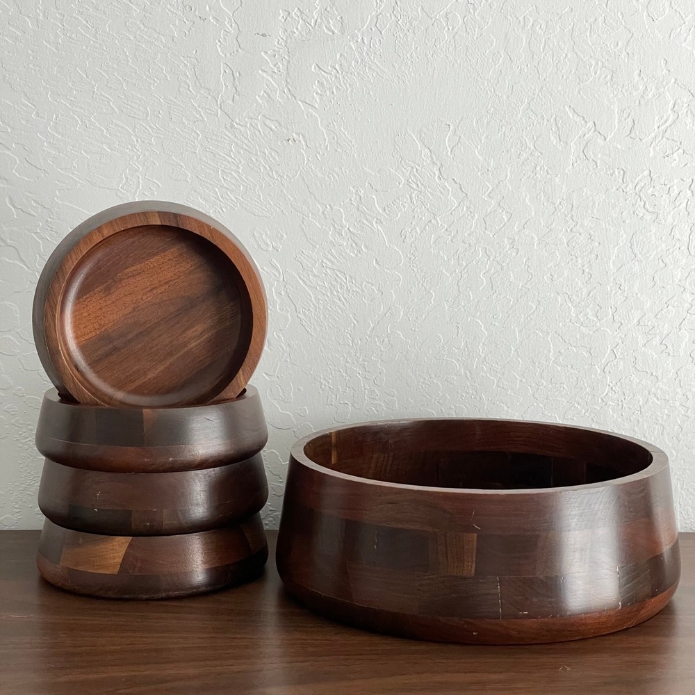 Vintage‎ Mid-Century Real Walnut Wooden Salad Bowl Set Vermillion MCM